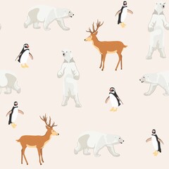 Seamless pattern with polar bear, deer and penguin background, Winter pattern, wrapping paper, pattern fills, winter greetings, web page background.