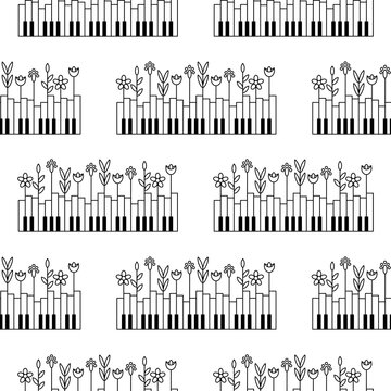 Music festival seamless pattern, vector concept. Layout with piano keys and plants. Nature and music.