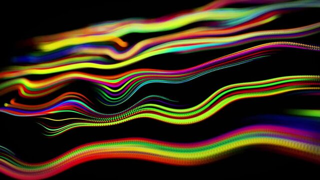 flow of particles forms curled lines like glow trails of different colors, lines form swirling pattern like curle noise. Abstract 3d looping flowing animation as bright creative festive background