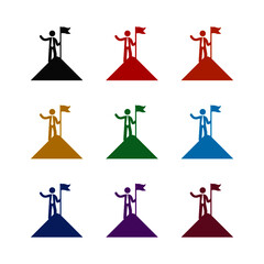 Man on top of mountain with flag icon, color set