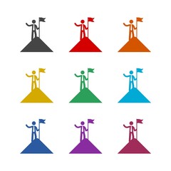 Man on top of mountain with flag icon, color set