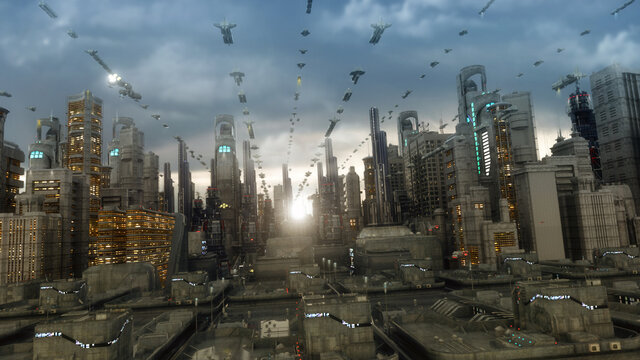 3d rendering. Futuristic city and spaceships