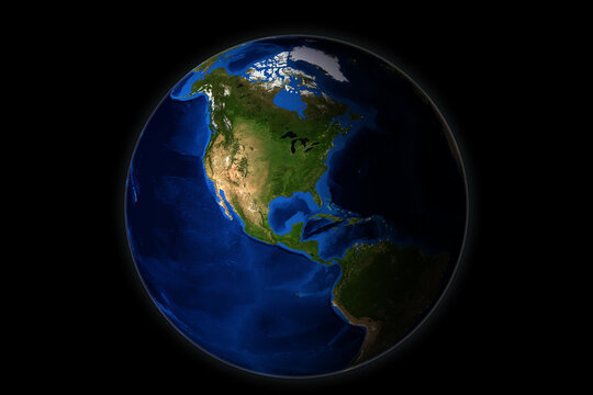 Western hemisphere of the globe. View of planet earth from space, America. Globe on an isolated black background. 3d illustration. Image elements courtesy of NASA