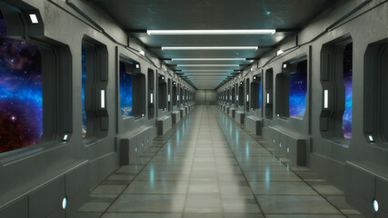 3d render. Interior scifi corridor concept design