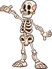 Happy cartoon white skeleton with presenting pose. Vector clip art illustration with simple gradients. All on a single layer.

