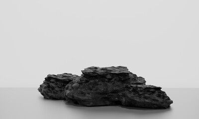 Scene with for mock up presentation with black coal stones as pedestals in minimalist style with copy space, 3d render abstract background