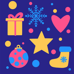 Set of colored icons in the style of Christmas and New Year. Vector illustrations for greeting cards, website designs, gift tags, and marketing materials.