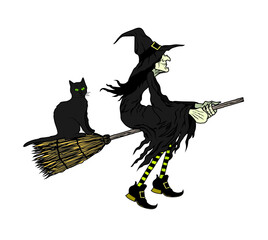 Vector illustration of a witch with a black cat on a broom