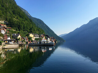 view of town with hill near lake in Hallstatt Upper Austria