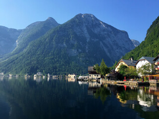 view of town with hill near lake in Hallstatt Upper Austria