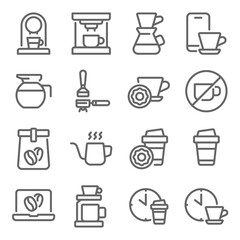 Coffee icon illustration vector set. Contains such icon as Coffee Break, Cafe, Coffee beans, coffee machine, Drip, hot and more. Expanded Stroke