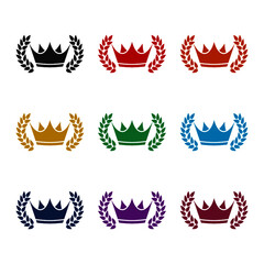 Crown with laurel wreath icon, color set