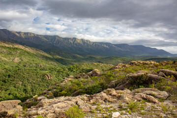 Fototapeta na wymiar Mountains landscape with cloudy sky in Mina Clavero, Cordoba, Argentina. Altas cumbres