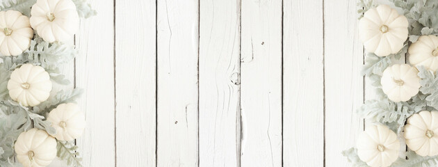 Autumn double border of white pumpkins and silver leaves over a white wood banner background. Top view with copy space.
