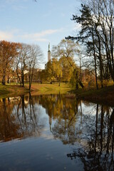 Fototapeta na wymiar Stunning autumn landscape, colors and water reflections in Riga, Latvia
