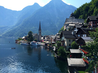 Center of Hallstatt near sunrise coast in Hallstatt Upper Austria