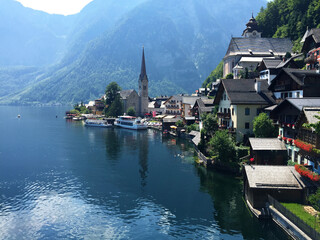 Fototapeta premium Center of Hallstatt near sunrise coast in Hallstatt Upper Austria