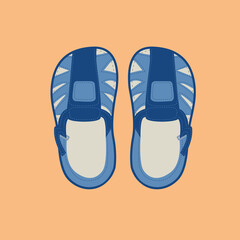 Children's sandals. Sandals blue with light blue for a child's foot. Shoes on an orange background. Idea for advertising, icons, logo.

