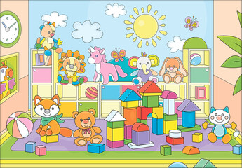 Funny colorful toy animals and bright bricks in a playroom of a kindergarten, vector cartoon illustration