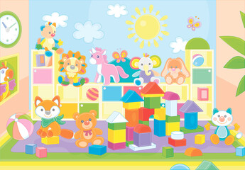 Colorful toy animals and bricks in a playroom of a kindergarten, vector cartoon illustration