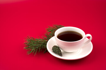 Happy new year 2021, Christmas composition with a Cup of coffee and a fir branch. New year's concept, greeting card.