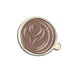 Drinks cups of coffee and tea. Mugs of aromatic cappuccino and americano with milk, drawings, scribble foam. Hand drawn cartoon style flat drinks. Top view.