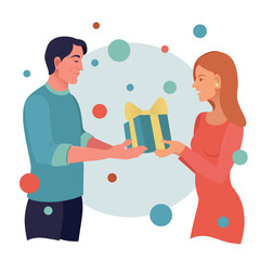 A couple of lovers give holiday gifts. A scene of a man and a woman making surprises. Colorful illustration in flat cartoon style.