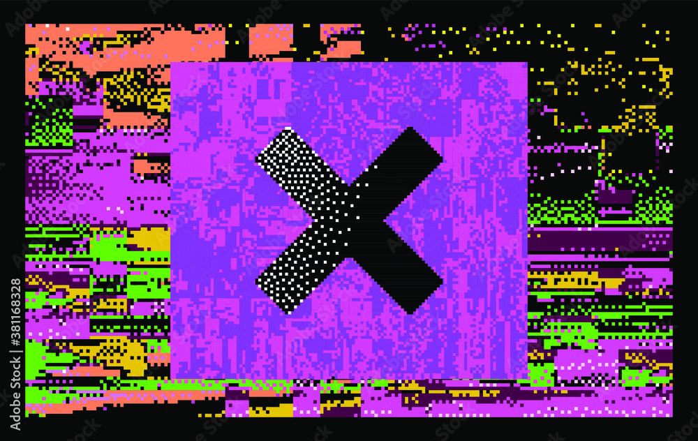 Poster Abstract technology background with random pixel noise and cross in the middle of the geometric composition.