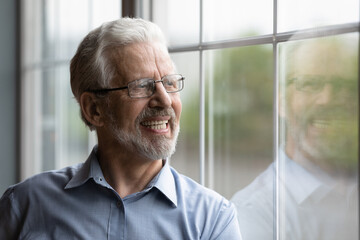 Happy mature grey-haired 70s man in glasses look in window distance dreaming or visualizing pleasant retirement. Smiling senior Caucasian male thinking planning future. Healthy elderly life concept.