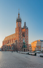 Krakow, Poland, St Mary's church on the Main Square in the morning sunlight