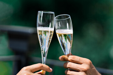 two hand holding champagne glasses toasting with nature background