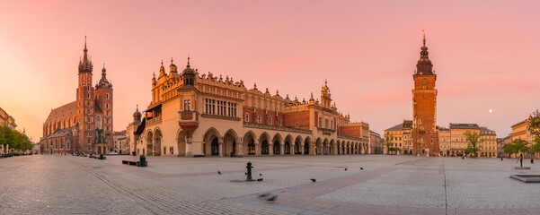 Main square (Rynek Glowny) panorama, colorful sunrise, Krakow, Poland