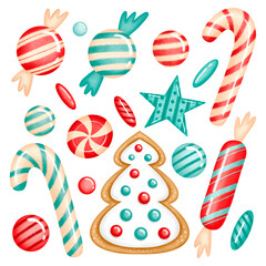 Illustration of cute cartoon Christmas candies, candy canes and gingerbread. Set of Christmas red and green sweets.