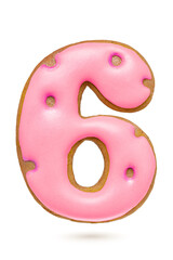 Number 6 pink gingerbread biscuit isolated on white.