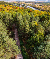 Vertical aerial view over colorful green and orange autumn forest vith gravel road in countryside in Samara region, Russia