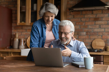 Happy elderly husband and wife sit at table at home kitchen look at laptop screen reading good news online. Smiling mature 70s man and woman excited about pleasant bank message or notice on internet.