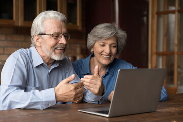 Smiling mature Caucasian couple husband and wife look at laptop screen have webcam virtual online...