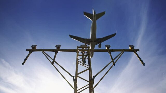 An airplane landing at Rotterdam The Hague Airport, The Netherlands