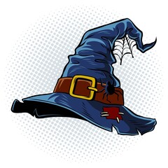 Cartoon witch pointed hat. Halloween comic illustration.
