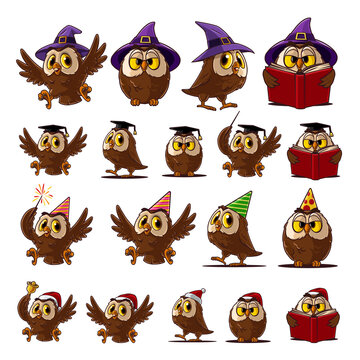 set of cartoon owls for graphic decoration