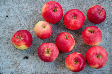 A top view closeup of fresh apples on the ground