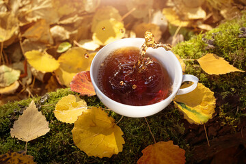 A cup of fresh hot tea is among the autumn leaves. Spectacular splash in the cup. Concept for natural drinks, hiking, camping, autumn season. View from above.