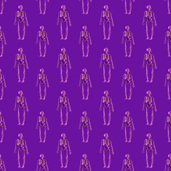 Seamless pattern of skeletons on a bright purple background. Halloween background or wallpaper