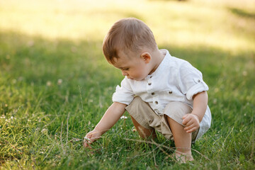 Happy adorable baby boy sitting on the grass in the park on summer day. Child in trendy and cute clothes