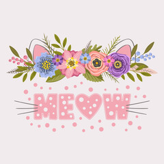 Cute cat with floral wreath. Meow slogan. Vector illustration for print on t-shirt and other uses