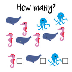 How many objects.Preschool Counting Activities. Printable worksheet. Educational game for children, toddlers and kids pre school age. Mathematics task. Learning mathematics, numbers.Tasks for addition