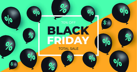 Black friday total sale horizontal vector banner. Background with balloons
