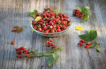 A plate with rose hips collected in the autumn garden.