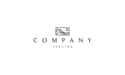 Vector logo on which an abstract image of a mountain landscape with a river in a linear style.