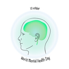 World Mental Health Day. Vector illustration with the outline of the head and brain
